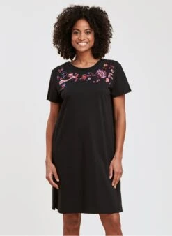 Black Short Embroidered Organic Cotton Dress With Round Neck