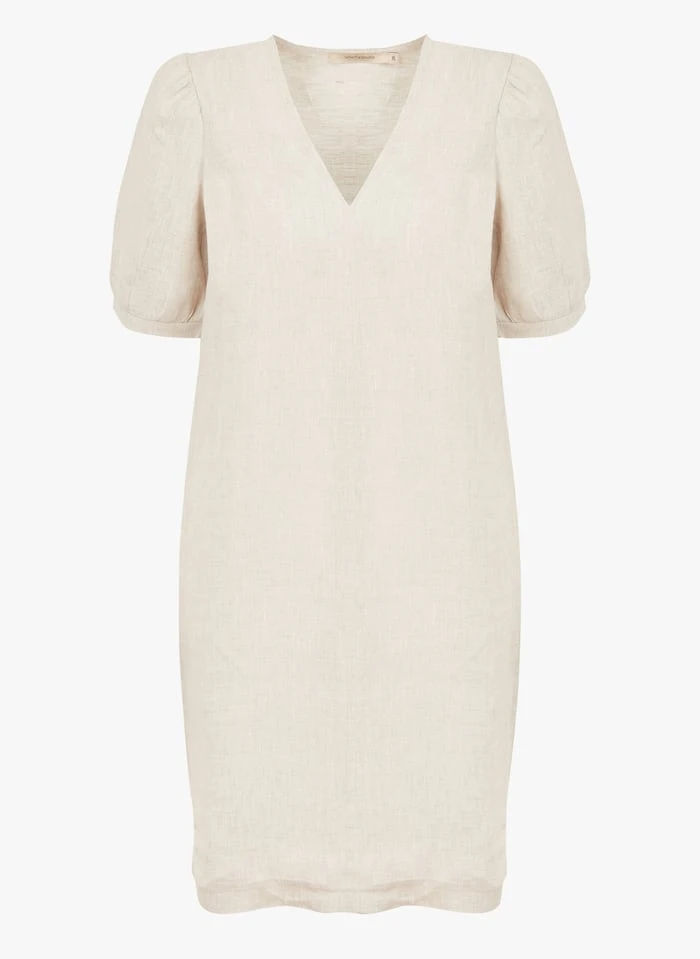 Beige Straight V-neck Linen Dress 2 Beige Straight V-neck Linen Dress - Image 2