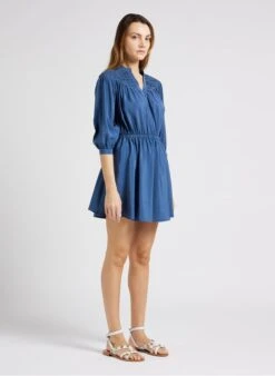 Blue Short V-neck Dress -Morganmai Store 4136949