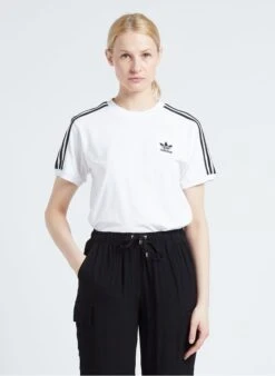 ADIDAS White Round-neck Striped Cotton T-shirt