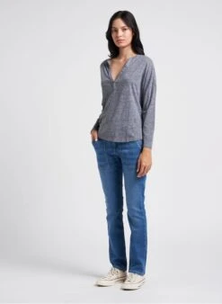 BERENICE ELAYA HEATHER - Grey Cotton-blend Henley T-shirt -Morganmai Store 4145979