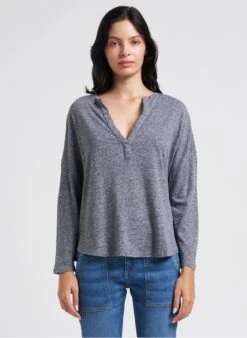 BERENICE ELAYA HEATHER - Grey Cotton-blend Henley T-shirt