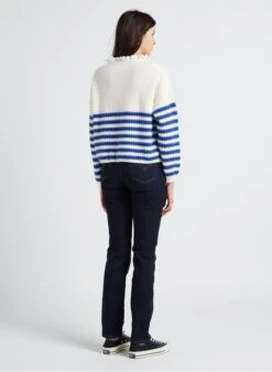 MARINA - Blue Loose-fit Striped Cardigan With Round Neck -Morganmai Store 4146416