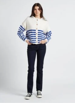 MARINA - Blue Loose-fit Striped Cardigan With Round Neck -Morganmai Store 4146417