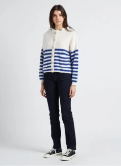 MARINA - Blue Loose-fit Striped Cardigan With Round Neck -Morganmai Store 4146420