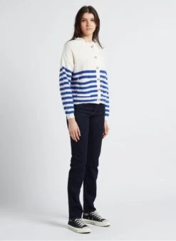 MARINA - Blue Loose-fit Striped Cardigan With Round Neck -Morganmai Store 4146421