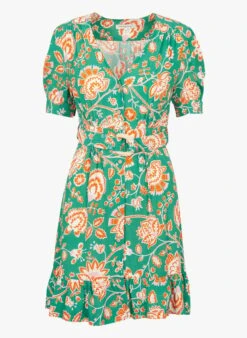 REJOUIE - Green Short Printed V-neck Dress -Morganmai Store 4150432
