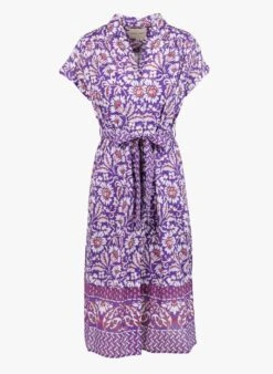STELLA FOREST KRISHNA - Purple Printed Open-neck Cotton Midi Dress -Morganmai Store 4150706