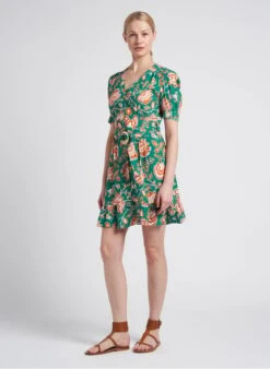 REJOUIE - Green Short Printed V-neck Dress -Morganmai Store 4151324