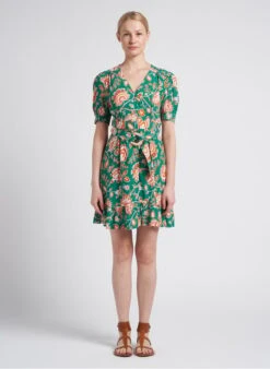 REJOUIE - Green Short Printed V-neck Dress