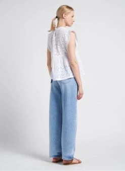 STELLA FOREST KATE - White Round-neck Cotton Top With Openwork Embroidery -Morganmai Store 4151327