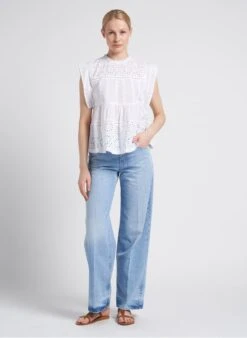 STELLA FOREST KATE - White Round-neck Cotton Top With Openwork Embroidery -Morganmai Store 4151328