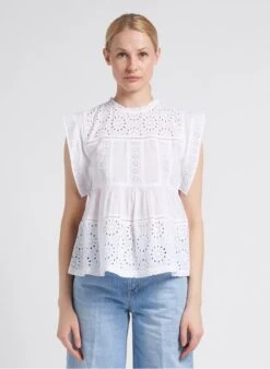 STELLA FOREST KATE - White Round-neck Cotton Top With Openwork Embroidery