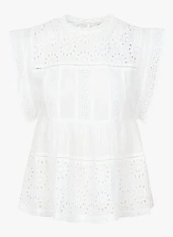 STELLA FOREST KATE - White Round-neck Cotton Top With Openwork Embroidery -Morganmai Store 4152184