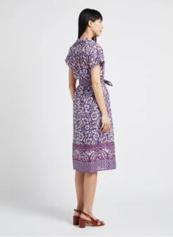 STELLA FOREST KRISHNA - Purple Printed Open-neck Cotton Midi Dress -Morganmai Store 4156453