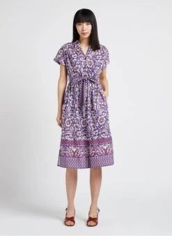 STELLA FOREST KRISHNA - Purple Printed Open-neck Cotton Midi Dress -Morganmai Store 4156454