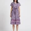 STELLA FOREST KRISHNA - Purple Printed Open-neck Cotton Midi Dress