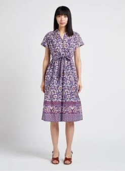 STELLA FOREST KRISHNA - Purple Printed Open-neck Cotton Midi Dress