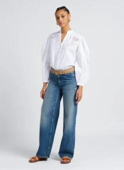 BERENICE CHARMING - White Embroidered Cotton Henley Shirt -Morganmai Store 4156973