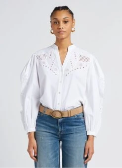 BERENICE CHARMING - White Embroidered Cotton Henley Shirt
