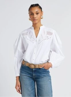 BERENICE CHARMING - White Embroidered Cotton Henley Shirt -Morganmai Store 4156976