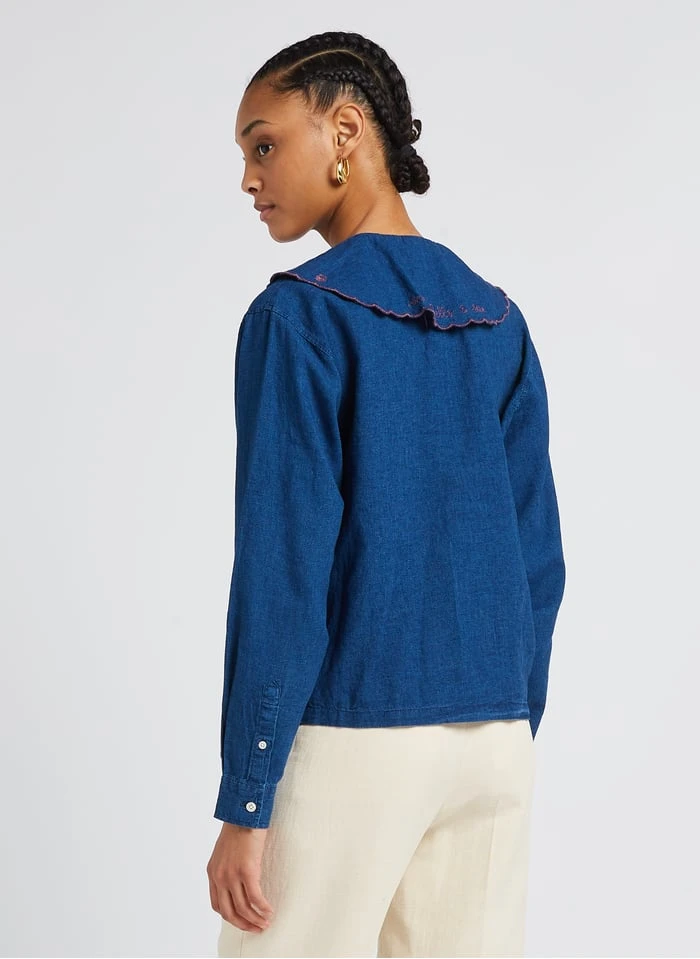 Maison Labiche SOURDIERE SHELL COLLAR - Blue Loose-fit Cotton Shirt With Peter Pan Collar 2 Maison Labiche SOURDIERE SHELL COLLAR - Blue Loose-fit Cotton Shirt With Peter Pan Collar - Image 2