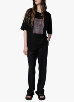 Zadig & Voltaire SUZY - Black Round-neck Printed Linen T-shirt -Morganmai Store 4175179