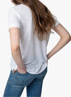 Zadig & Voltaire WASSA - White V-neck Linen-blend T-shirt With Rhinestone Embellishment -Morganmai Store 4175190