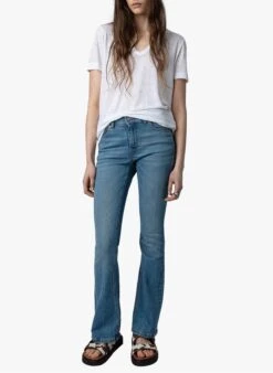 Zadig & Voltaire WASSA - White V-neck Linen-blend T-shirt With Rhinestone Embellishment -Morganmai Store 4175191