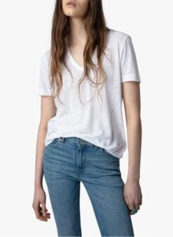 Zadig & Voltaire WASSA - White V-neck Linen-blend T-shirt With Rhinestone Embellishment