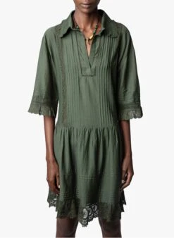 Zadig & Voltaire ROSEA - Khaki Short Cotton-blend Dress With Classic Collar