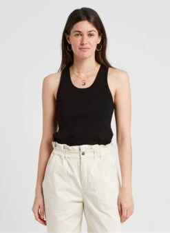 PETIT BATEAU Black Round-neck Cotton Tank Top