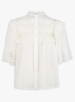 LILY - White High-neck Lace Shirt With Ruffles -Morganmai Store 4179141