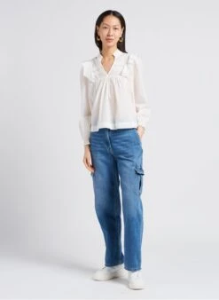 JUSTINE - White Cotton Voile V-neck Top -Morganmai Store 4179500