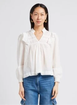 JUSTINE - White Cotton Voile V-neck Top