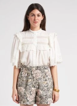 LILY - White High-neck Lace Shirt With Ruffles