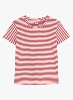 PETIT BATEAU Red Round-neck Striped Cotton T-shirt