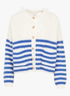 MARINA - Blue Loose-fit Striped Cardigan With Round Neck -Morganmai Store 4181663