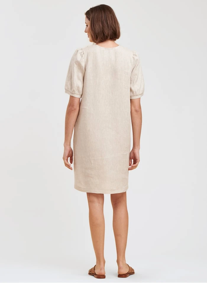 Beige Straight V-neck Linen Dress 4 Beige Straight V-neck Linen Dress - Image 4