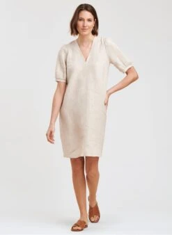 Beige Straight V-neck Linen Dress 8 Beige Straight V-neck Linen Dress -Morganmai Store 4184143