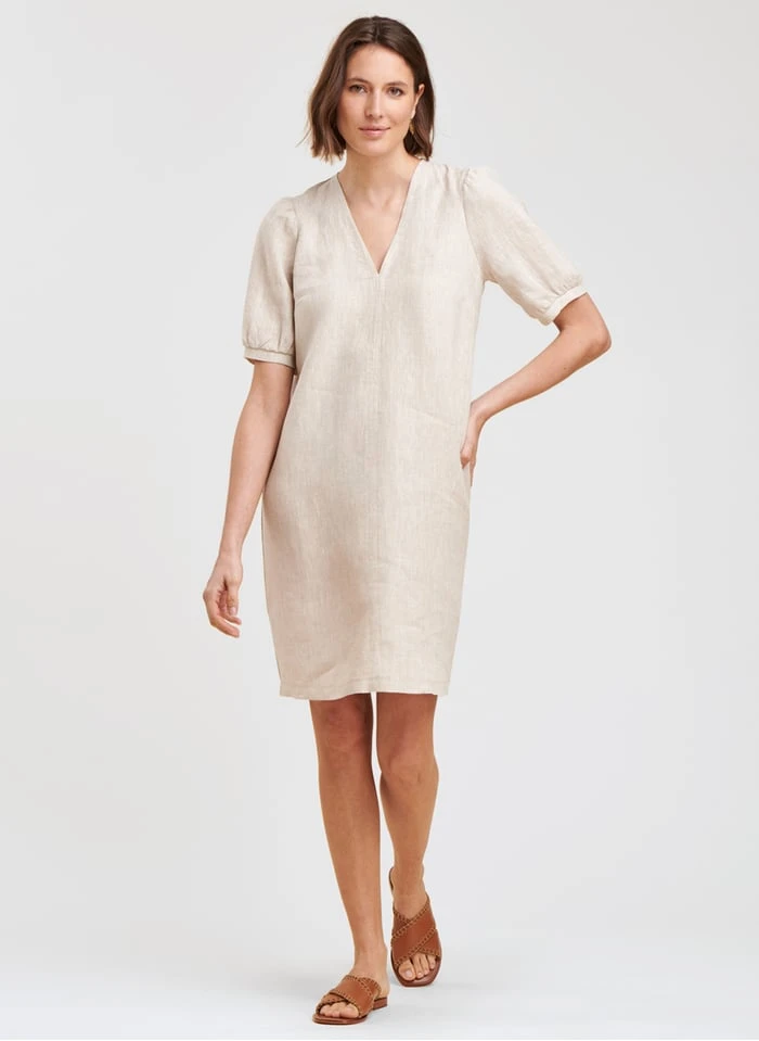 Beige Straight V-neck Linen Dress 3 Beige Straight V-neck Linen Dress - Image 3