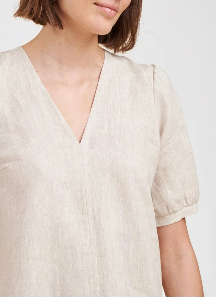 Beige Straight V-neck Linen Dress 5 Beige Straight V-neck Linen Dress - Image 5