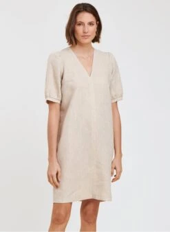 Beige Straight V-neck Linen Dress