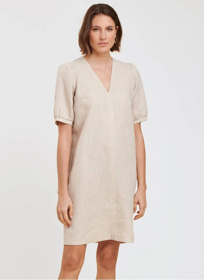 Beige Straight V-neck Linen Dress 1 Beige Straight V-neck Linen Dress