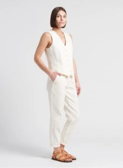 MAISON 123 DIANE - White Fitted Linen-blend V-neck Cardigan -Morganmai Store 4186206