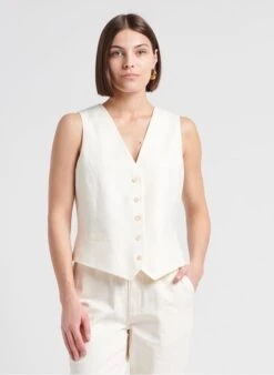 MAISON 123 DIANE - White Fitted Linen-blend V-neck Cardigan