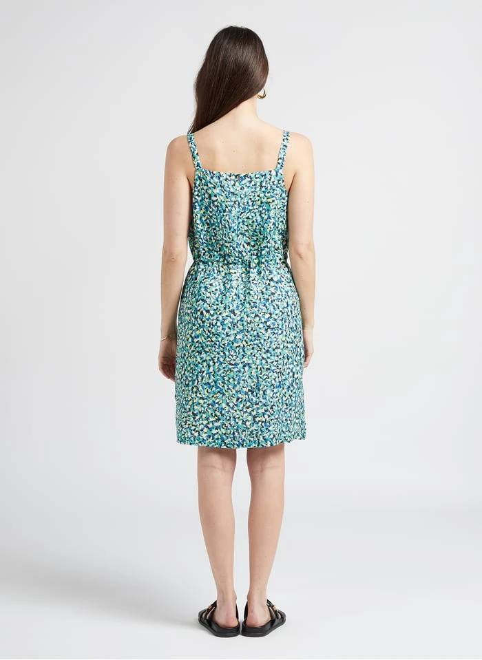 ONE STEP Green Short Printed Linen V-neck Dress 2 ONE STEP Green Short Printed Linen V-neck Dress - Image 2