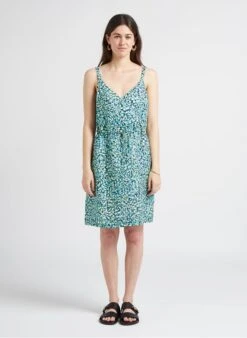 ONE STEP Green Short Printed Linen V-neck Dress