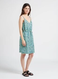 ONE STEP Green Short Printed Linen V-neck Dress 11 ONE STEP Green Short Printed Linen V-neck Dress -Morganmai Store 4186789