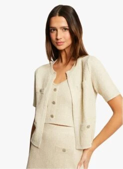 MORGAN MROSE - White Cropped Cardigan With Metallic Thread